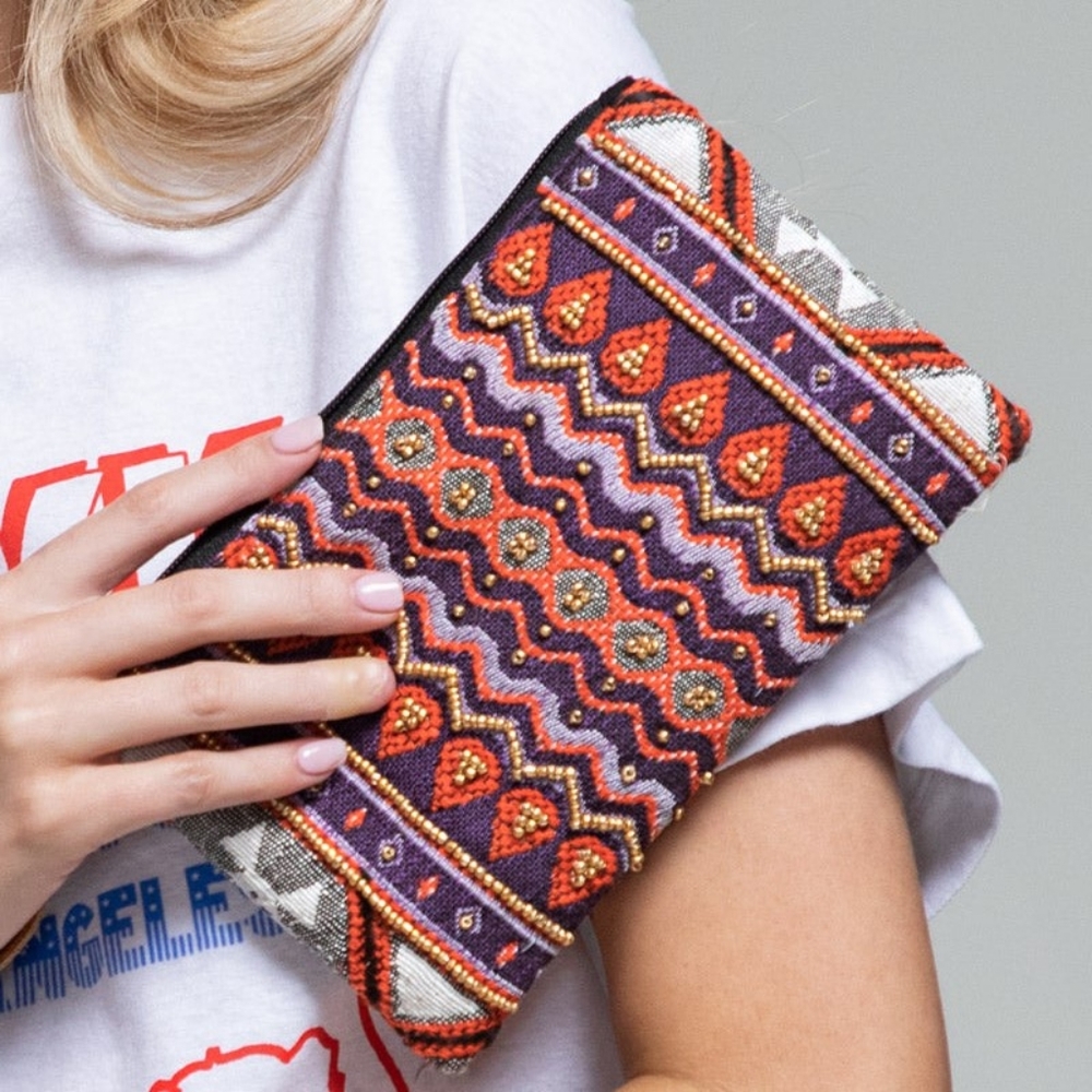 Handmade Hand Beaded Wristlet Clutch - Ethnic Inspired Motive - Dyed Fine Cotton